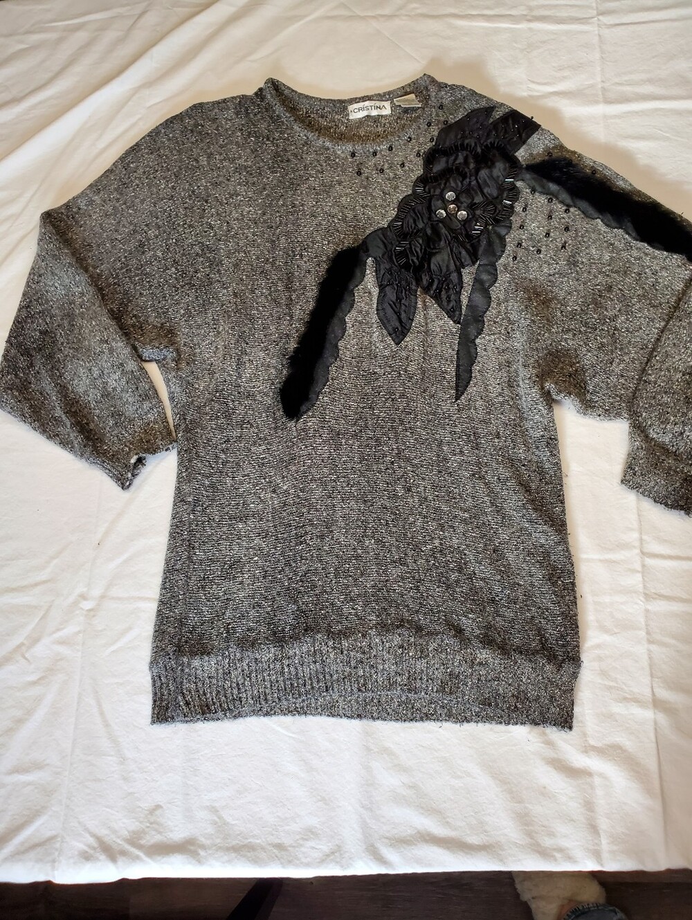 Vintage 80s Cristina Silk Angora Beaded Rose Applique Batwing Sweater L